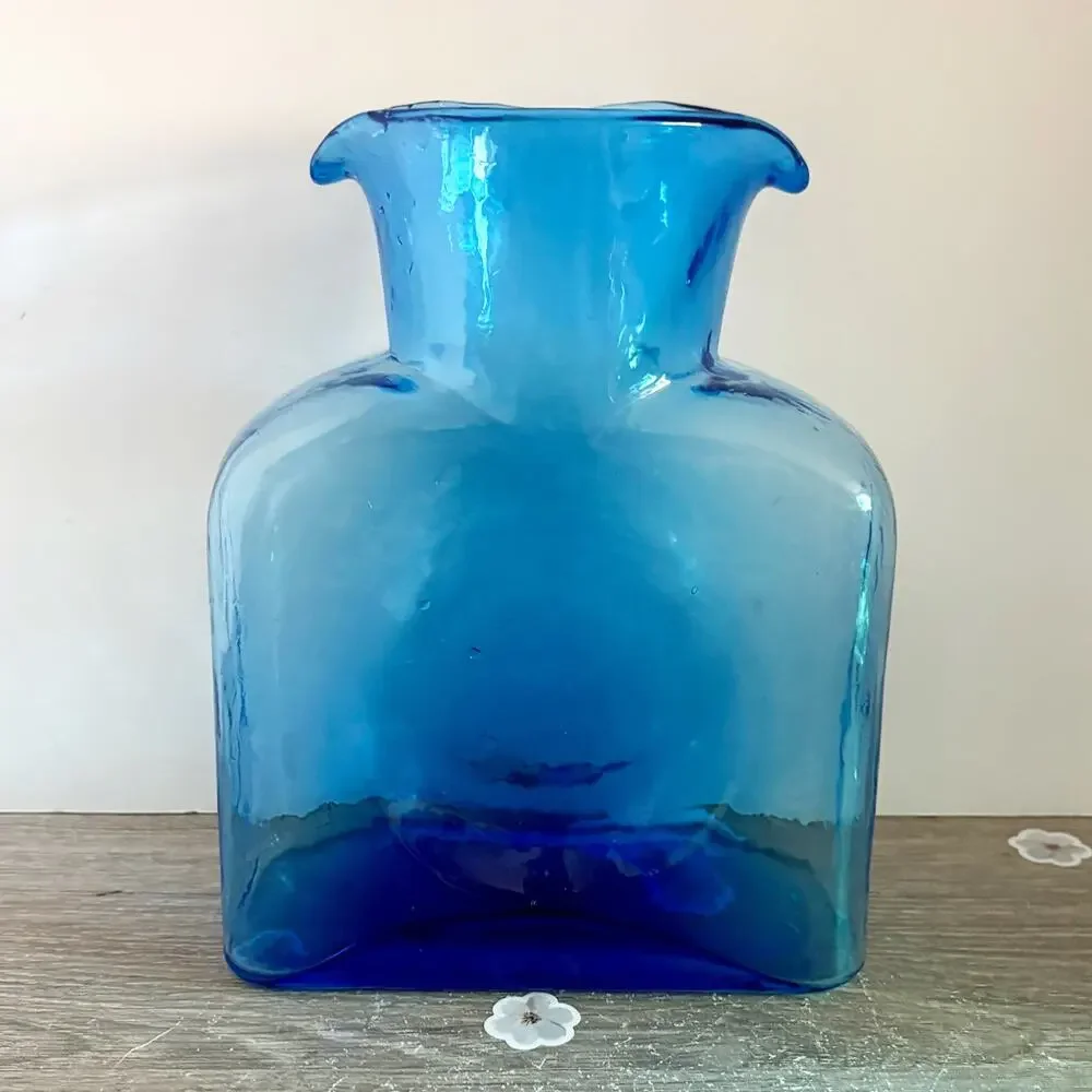 Vintage Blenko Art Glass Azure Blue Double Spout Water Bottle Pitcher Carafe 8